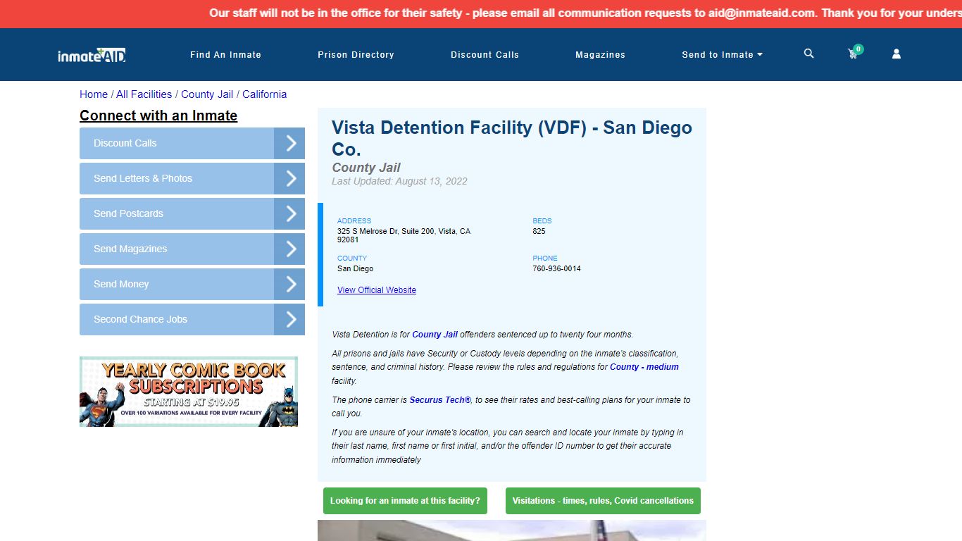 Vista Detention Facility (VDF) - San Diego Co. - InmateAid